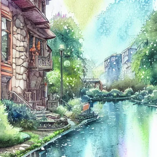 Image similar to Beautiful happy picturesque charming sci-fi town in harmony with nature. Beautiful light. Water and plants. Nice colour scheme, soft warm colour. Beautiful detailed watercolor by Lurid. (2022)