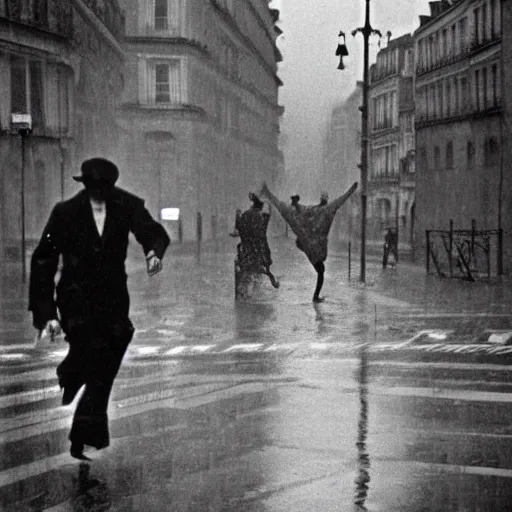 Image similar to the man leaping in a raining paris street, by henri cartier bresson,