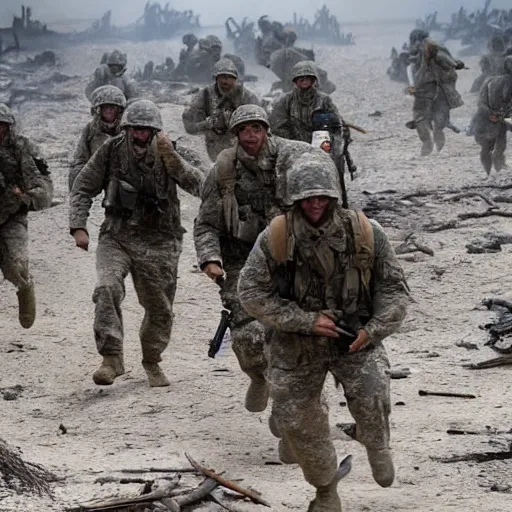 Image similar to american soldiers running at the camera with rifles during normandy beach landing with fiery explosions and debris and dead bodies and limbs all around them in the style of the movie lone survivor and saving private ryan, gritty, 4 k, cinematic lighting,