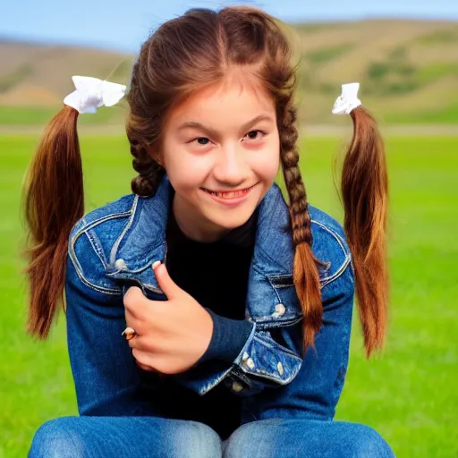 Image similar to a young girl plays on a great green meadow, she wears a jacket, jeans and boots, she has ponytails, photo taken by a nikon, highly detailed, sharp focus