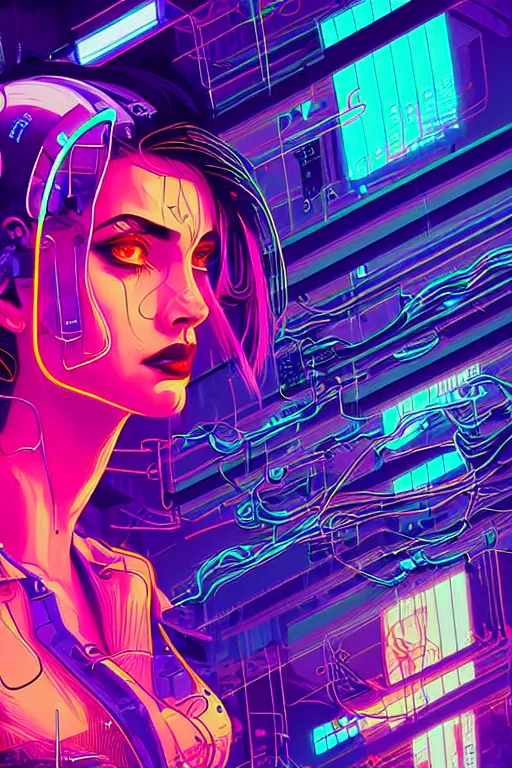 Prompt: dreamy cyberpunk girl, abstract smoke neon, digital nodes, computer network, beautiful woman, detailed acrylic, grunge, intricate complexity, by dan mumford and by kilian eng