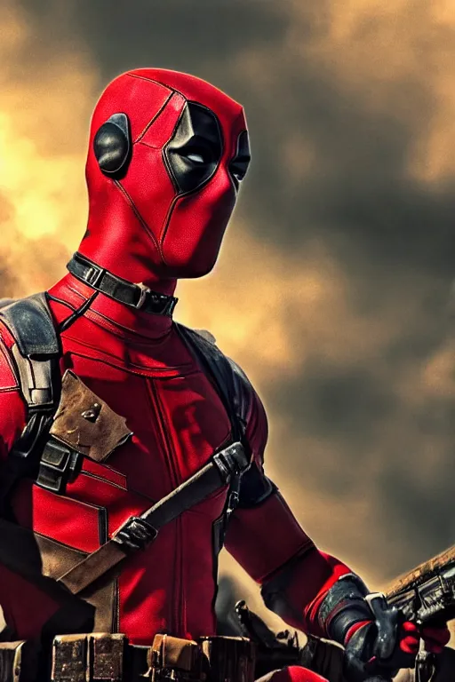Prompt: realistic photograph of a rugged deadpool in the middle of battle, highly detailed, cinematic, portrait, close - up,