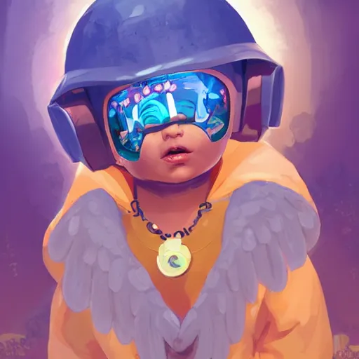 Image similar to baby Angel, baby cherub,wearing angel halo, ski mask, balaclava, face covered, wearing angel halo covered face, orange hoodie, hip hop, multiple golden necklaces, fantasy art apex fortnite Video game icon, 2d game art gta5 cover , official fanart behance hd artstation by Jesper Ejsing, by RHADS, Makoto Shinkai and Lois van baarle, ilya kuvshinov, rossdraws