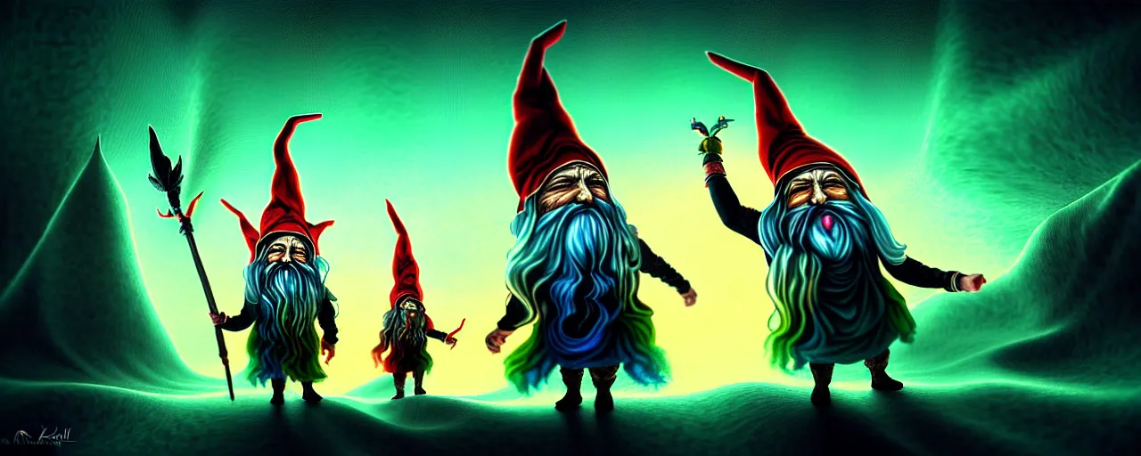 Image similar to whimsical bifrost alchemical gnomes, surreal dark uncanny painting by ronny khalil