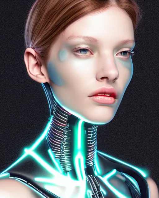 Image similar to fashion portrait, most beautiful girl in the world, glowing cybernetic augments, hyperrealism, year 2447, cdx