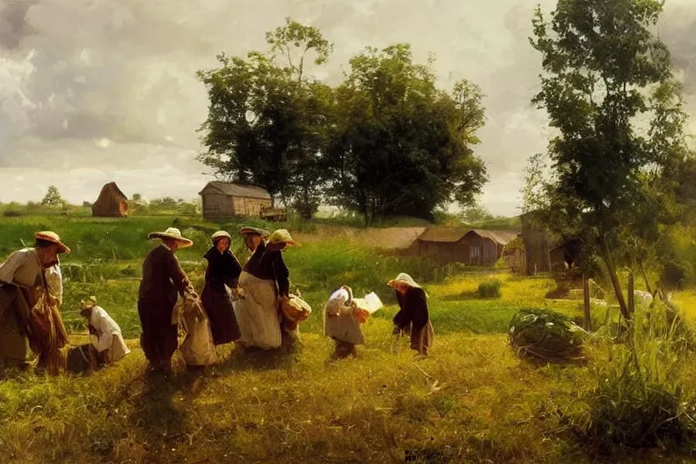 Image similar to simple amish farmers tending to their cottage vegetable gardens, art by anders zorn, wonderful masterpiece by greg rutkowski, beautiful cinematic light, american romanticism thomas lawrence, greg rutkowski