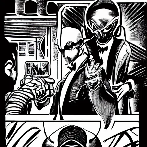 Prompt: An hyperstylized image of an MIB encountering an alien for the first time, detailed, ominous, black and white