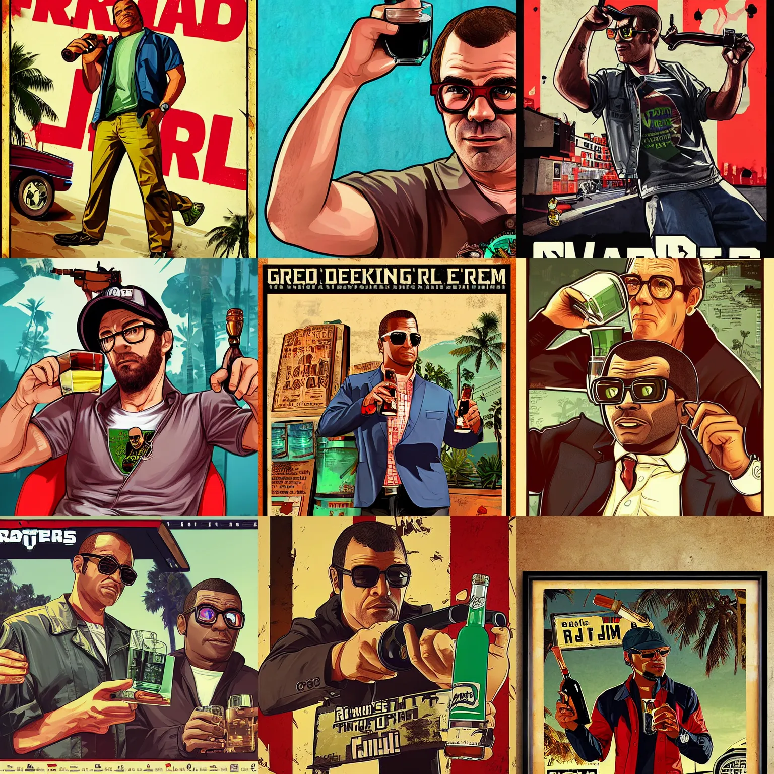 Prompt: Nerd drinking rum, detailed, GTA V poster