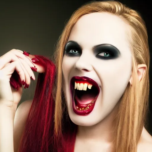 Image similar to vampire showing her fangs, gothic, horror