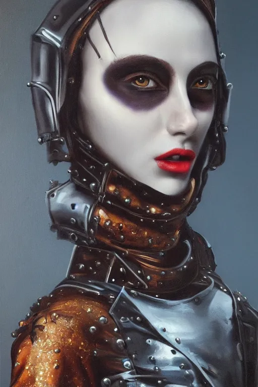 Image similar to hyperrealism oil painting, close - up portrait of european medieval brunette vampire fashion model, knight, steel gradient mixed with nebula sky, in style of baroque