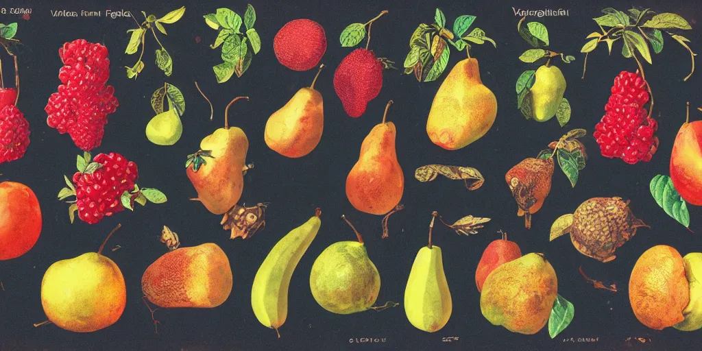 Image similar to full color page scan of various vintage imaginal fruit illustrations on black background, in matte painting, 2 d, kitbash, 4 k