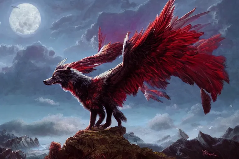 Prompt: Red feathered wolf with wings on a beautiful fantasy landscape, hills, mountains, moonlit, HD, illustration, epic, D&D, fantasy, intricate, elegant, highly detailed, digital painting, artstation, concept art, smooth, sharp focus, illustration, art by artgerm and greg rutkowski and alphonse mucha