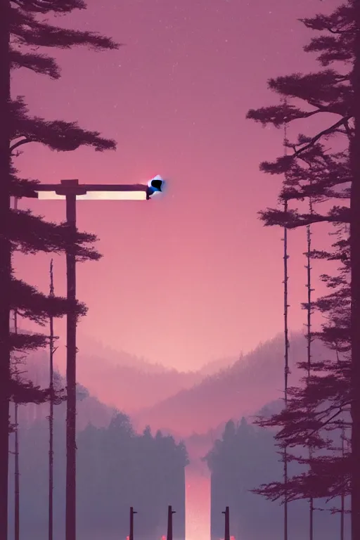 Image similar to Japanese Torii in the center of the picture , torii in a moutain with trees ,night , by Grzegorz Rutkowski, concept art, pink scheme,horizontal symmetry