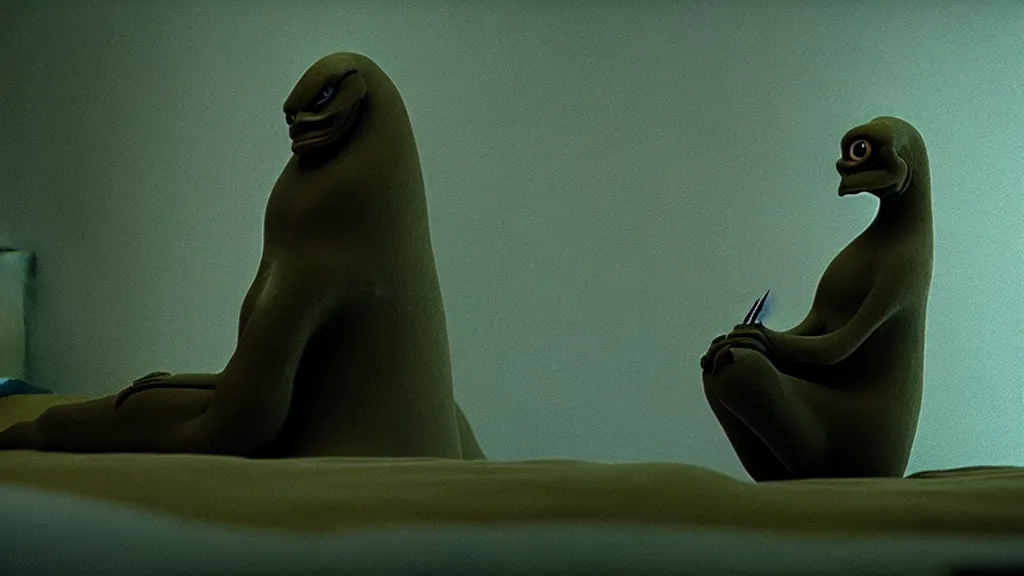 Image similar to a strange creature sits at the end of your bed, film still from the movie directed by Denis Villeneuve with art direction by Zdzisław Beksiński, close up, telephoto lens, shallow depth of field