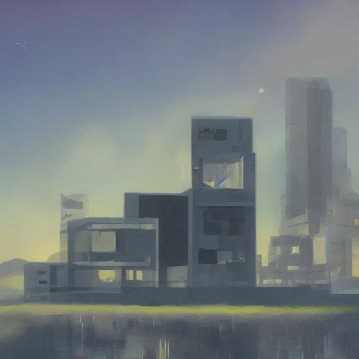 Image similar to a building in a serene landscape, space opera