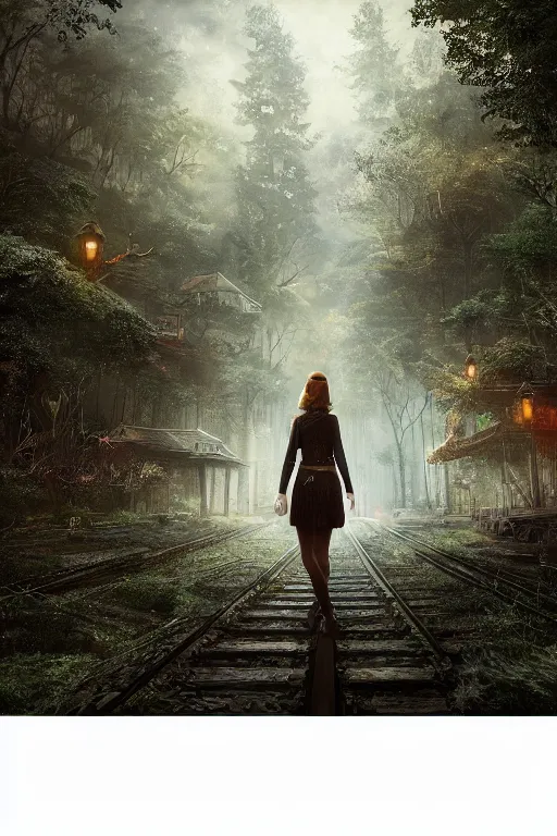 Prompt: Matte painting art of girl standing at the old train station looking to the train, old train heading to station with lights on, fantasy dense forest with a lot of detail, the tracks covered with vegetation, highly detailed, 4k, 8k resolution, trending on artstation, octane render, unreal engine, cinematic