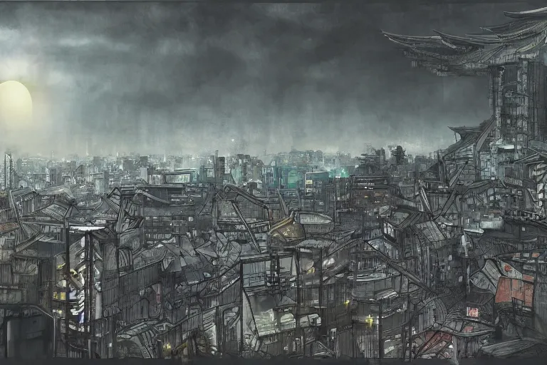 Prompt: concept art, landscape of tokyo, rising black sun, dystopia, paint style, high detail