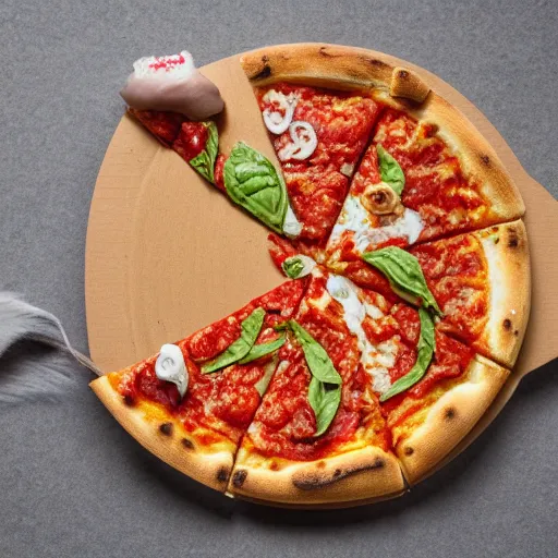 Prompt: high angle close up view photo of a cute eating pizza, off camera flash, photo realistic, fine hair detail, fine cat whiskers, sigma 24mm f/8