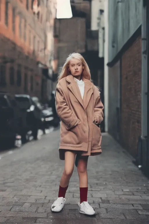 Prompt: high quality realistic street photo of girl, blond hair, clothes in the style of 1 9 9 0, sneakers, lowered socks, loose coat ; kodak ektar, 2 0 0 iso, 3 5 mm lens, bill henson style beautiful chiaroscuro lighting, beautiful colour palette, beautiful and realistic, wide shot