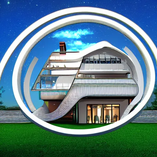 Image similar to a dream house in the shape of a mobius strip. digital art.