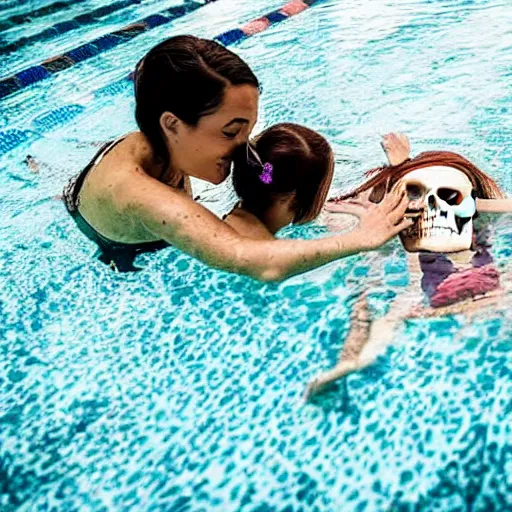 Image similar to a woman is giving her daughter a hug in a swimming pool, nearby a girl is crying and distraught in the water, under the water is a skeleton sitting on a chair