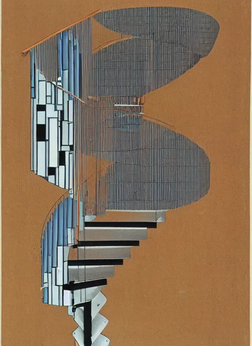 Image similar to an axonometric view of a spiral staircase by theo van doesburg