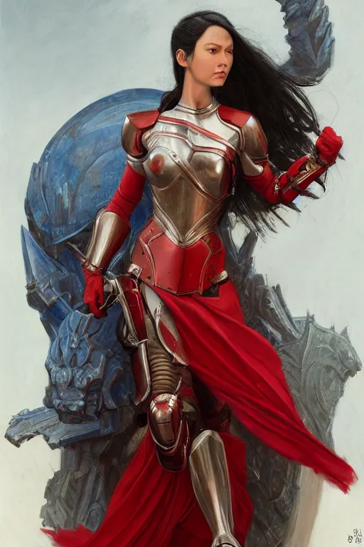 Prompt: Lady in Red armor, Dark blue hair, gorgeous latina face, light brown skin, green eyes, practical armor, ornamental, symmetry, by donato giancola, by RossDraws, by leng jun, by leonardo da vinci, digital, matte painting, D&D, high fantasy, full body picture, no extra limbs, no extra character, trending on artstation artstationHQ, artstationHD, octane, cgsociety, covered chest, neck to waist armor, realistic armor, practical armor