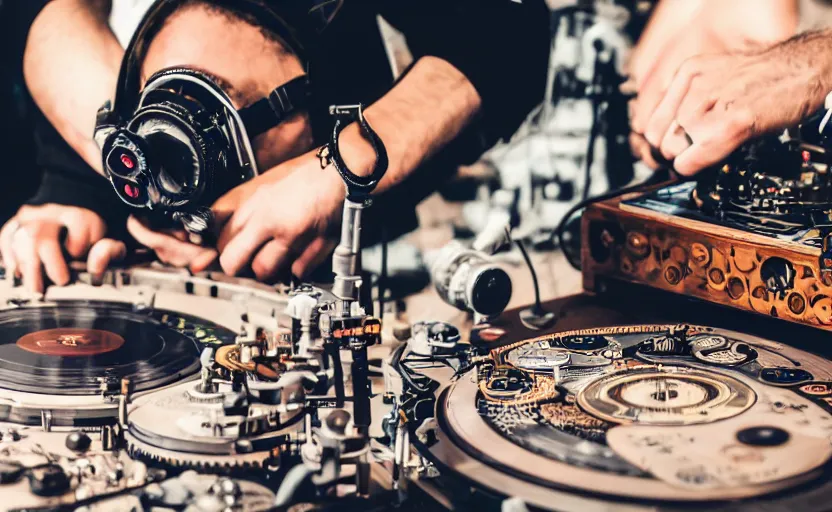 Image similar to a person wearing goggles and visor and headphones using a steampunk record player contraption, doing turntablism dj scratching, intricate carved wood, planetary gears, complex, cinematix, imax, sharp focus, hyper detail