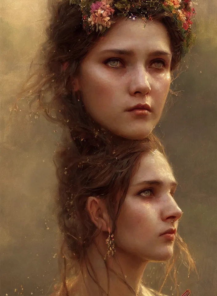 Prompt: close face portrait of an ukrainian girl wearing an vyshyvanka dress, summer season, moody scene, highly detailed, intricate, sharp details, summer vibe, gorgeous scene by gaston bussiere, craig mullins, somber lighting, drawn by giacomo burattini, inspired by graphic novel cover art, hyperrealistic, 8 k by rhads