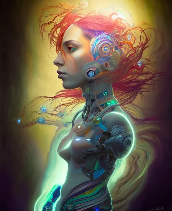 Image similar to a whirlwind of souls rushing inside the metaverse, half body, jewelry, hologram, dreads, android, cyborg, cyberpunk face, by loish, d & d, fantasy, intricate, elegant, highly detailed, colorful, vivid color, digital painting, artstation, concept art, art by artgerm and greg rutkowski and alphonse mucha