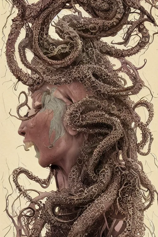 Image similar to centered beautiful detailed side view profile portrait of a insane, crazed, mad elderly woman, ornate tentacles growing around, ornamentation, thorns, vines, tentacles, elegant, beautifully soft lit, full frame, by wayne barlowe, peter mohrbacher, kelly mckernan, h r giger