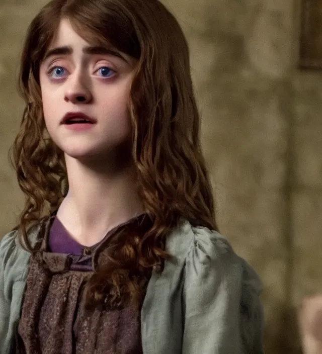 Image similar to beautiful cute young natalia dyer in harry potter, movie still frame, hd, remastered, cinematic lighting