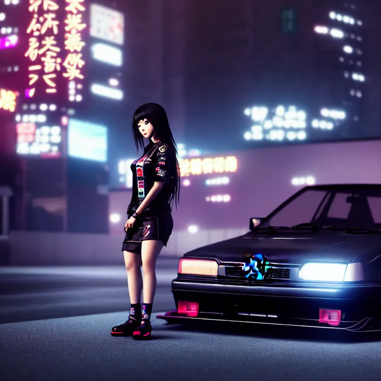 Image similar to toyota jzx 1 0 0 drift, detailed - wheels, shibuya prefecture, cyberpunk girl, cinematic lighting, photorealistic, night photography, octane render