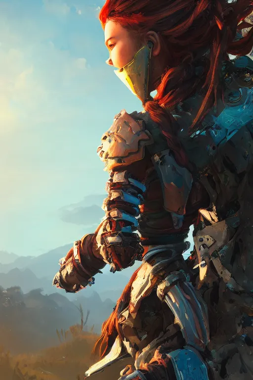 Image similar to combination suit armor aloy horizon forbidden west horizon zero dawn radiating a glowing aura global illumination ray tracing hdr fanart arstation by ian pesty and alena aenami artworks in 4 k tribal robot ninja mask helmet backpack