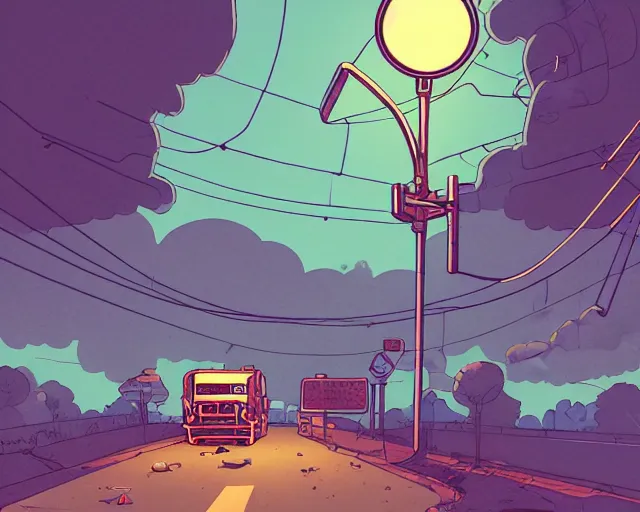 Image similar to a study of cell shaded cartoon of a microKorg synthesizer floating above a country road, street lamps, road, illustration, wide shot, subtle colors, post grunge, concept art by josan gonzales and wlop, by james jean, Victo ngai, David Rubín, Mike Mignola, Laurie Greasley, highly detailed, sharp focus, Trending on Artstation, HQ, deviantart, art by artgem
