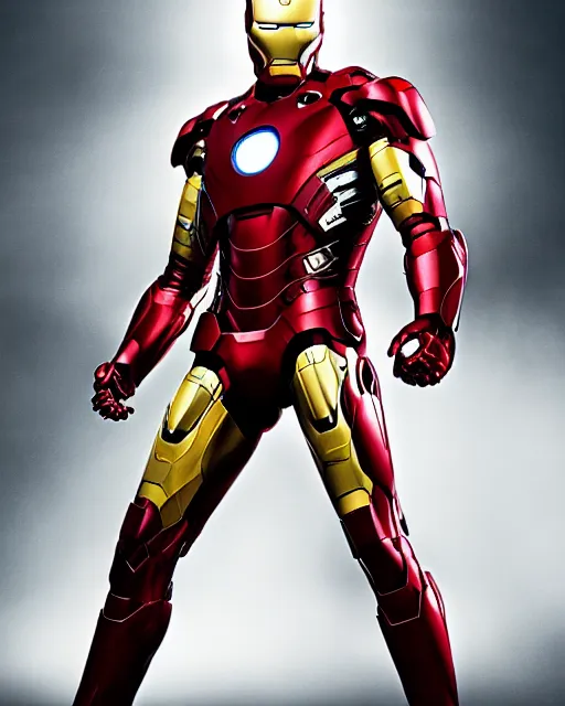 Image similar to ryan reynolds in an iron man suit, dramatic, studio lighting, photoshoot
