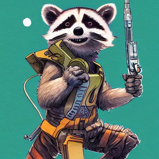 Image similar to racoon holding a laser gun, guardians of the galaxy style, centered award winning watercolor pen illustration, by caroline choi, edited by range murata