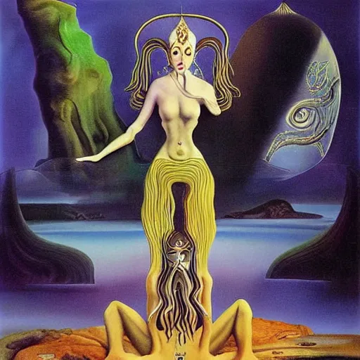 Prompt: ascending meditating elven princess, dmt shaman, surreal, by salvador dali