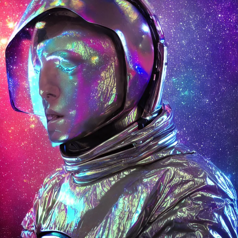 Image similar to octane render portrait by wayne barlow and carlo crivelli and glenn fabry, subject is a woman covered in tie - dye aluminum foil space suit with a iridescent metallic space helmet, inside a cave of glowing alien crystals, cinema 4 d, ray traced lighting, very short depth of field, bokeh