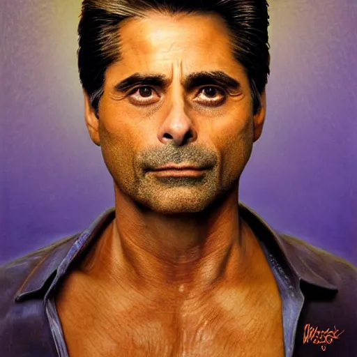 Image similar to john stamos and tony danza, focused, mugshots, photoshoot, sharp details, face photo, face details sharp, by donato giancola and greg rutkowski and wayne barlow and zdzisław beksinski, eyeballs, product photography, action figure, sofubi, studio lighting, colored gels, colored background,