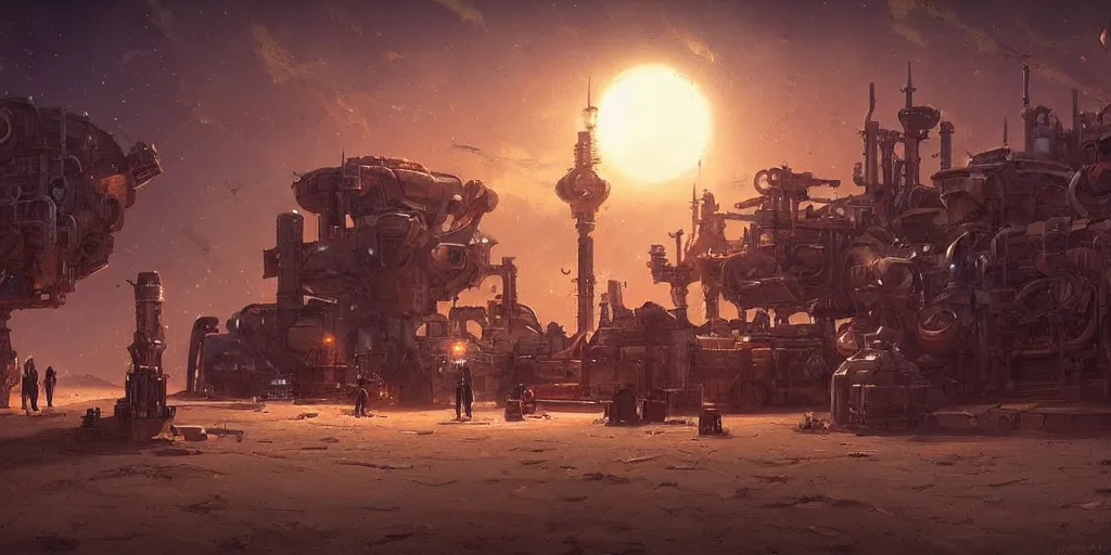 Image similar to anime spaceport in desert steampunk key by greg rutkowski night ultrahd fantastic details