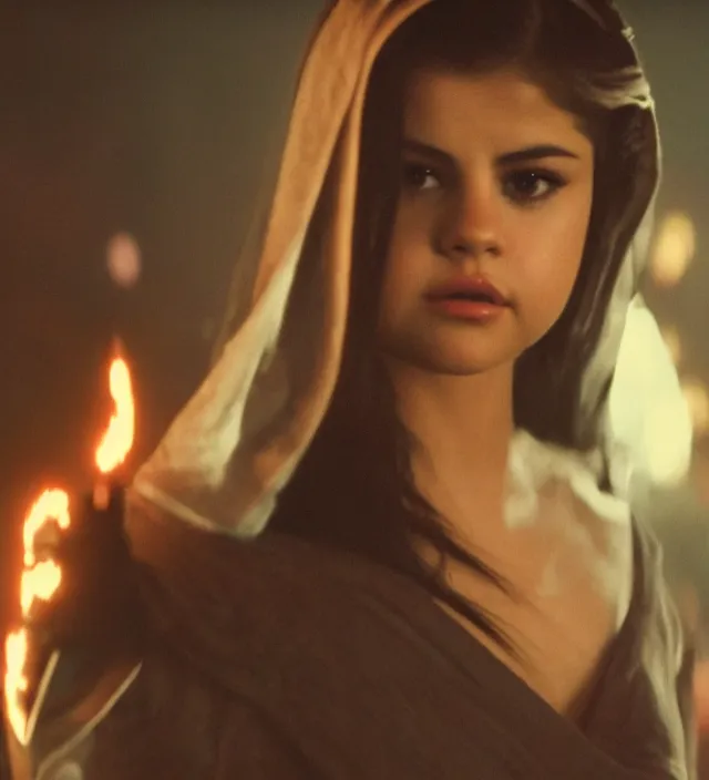 Image similar to selena gomez in star wars, movie still frame, hd, remastered, film grain, cinematic lighting