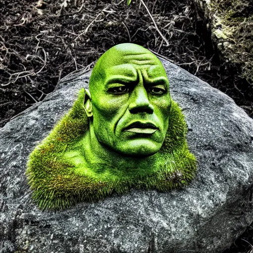 Image similar to a grey mossy rock with the face of dwayne johnson, shot on iphone 1