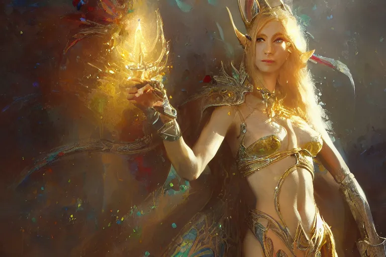 Image similar to A bright, happy painting of an elven queen by Craig Mullins, beautiful, hyperrealistic, professional, dramatic lighting, extremely high detail, trending on artstation