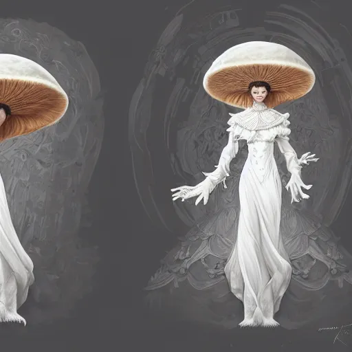 Image similar to a photograpic portrait of a anthropomorphic mushroom wearing white clothes, fantasy, intricate, elegant, highly detailed, digital painting, artstation, concept art, smooth, sharp focus, illustration, art by artgerm and H R Giger and alphonse mucha