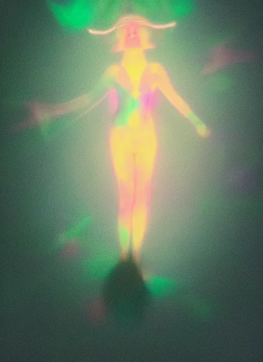 Image similar to female ascending, psychedelic third eye, radiant glowing aura, minimal, motion blur, film grain, cinematic lighting, experimental film, shot on 1 6 mm, luminol light