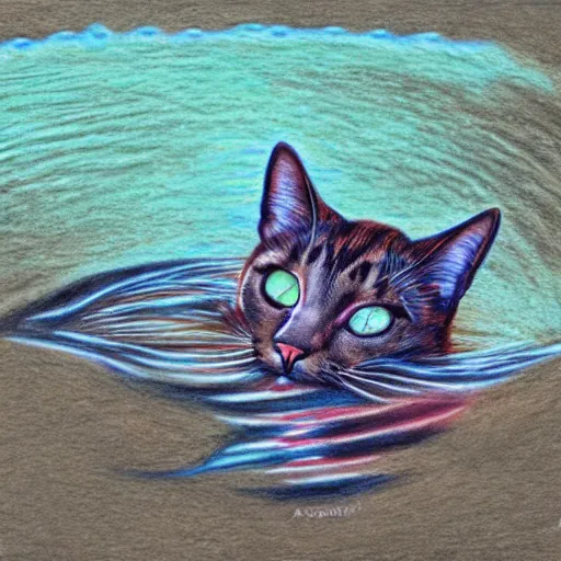 Image similar to Colored pencil art on paper, Cat swimming in the river, highly detailed, artstation, MasterPiece, Award-Winning, Caran d'Ache Luminance