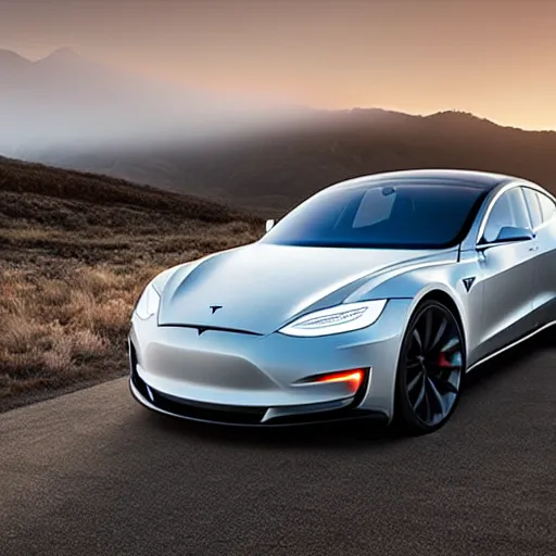 Image similar to a v 8 sport car designed by tesla, outdoor magazine, ambient light, fog