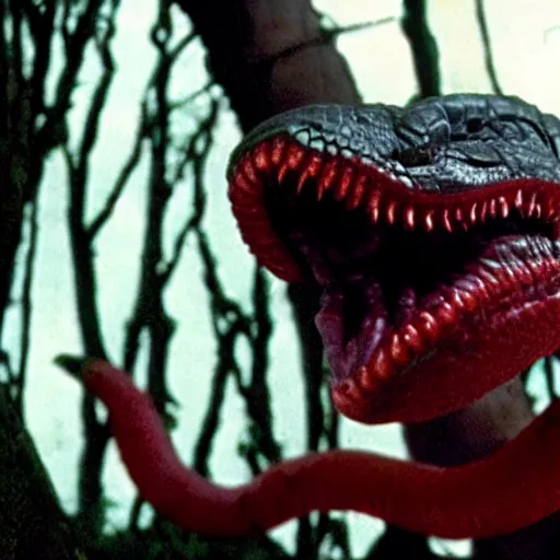 Prompt: cinematic still of demonic snake in a tree of mysterious looking fruit, horror film directed by wes craven