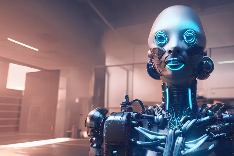 Image similar to cyberpunk alien concept inspired robot, futuristic look, highly detailed body, very powerful, photorealistic camera shot, bright studio setting, studio lighting, crisp quality and light reflections, unreal engine 5 quality render